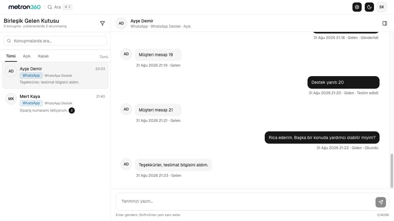 Metron360 Birleşik Gelen Kutusu demo ekranı