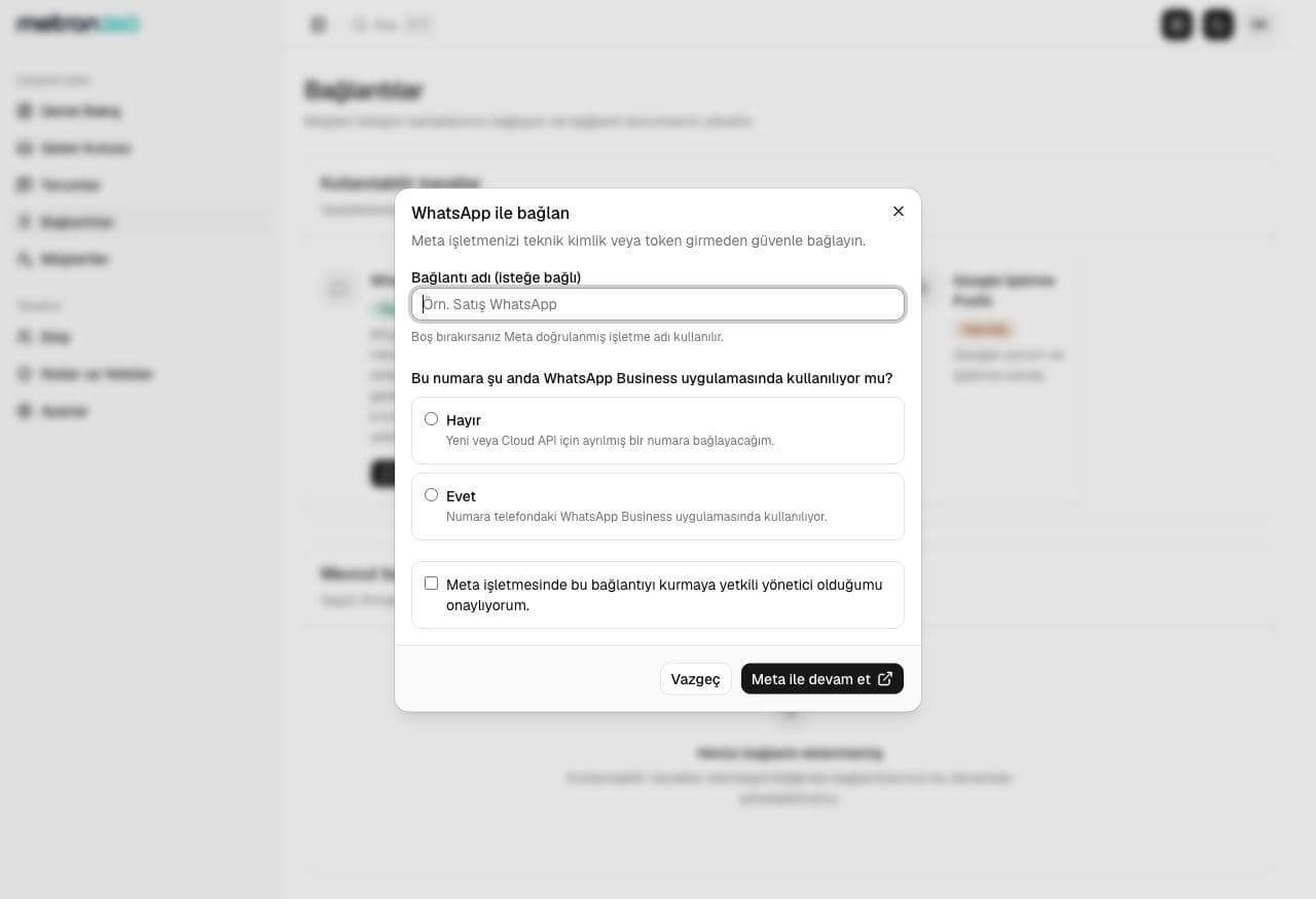 Metron360 WhatsApp bağlantı akışı demo ekranı